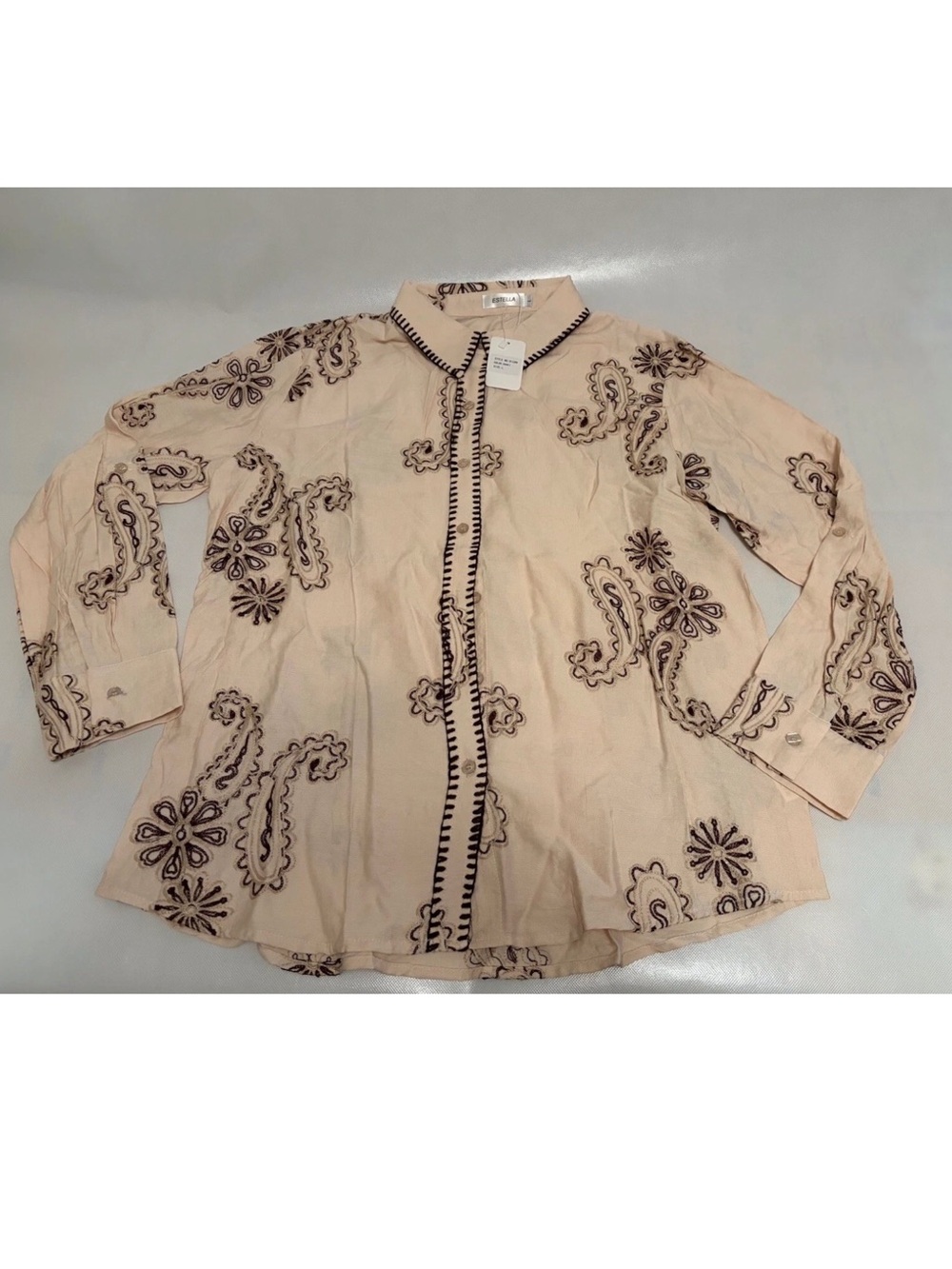 Women’s Western Boho Button-Up Khaki Shirt Cotton Dark Paisley Embroidered L Top